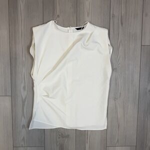 Zara Women's Sleeveless Pleated Detail Round Neck Crepe Top Ecru‎ White XL